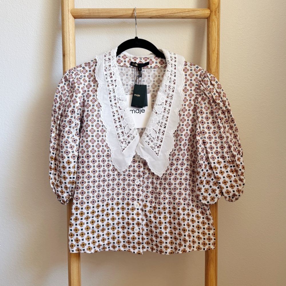 Maje Printed Shirt with Embroidered Collar